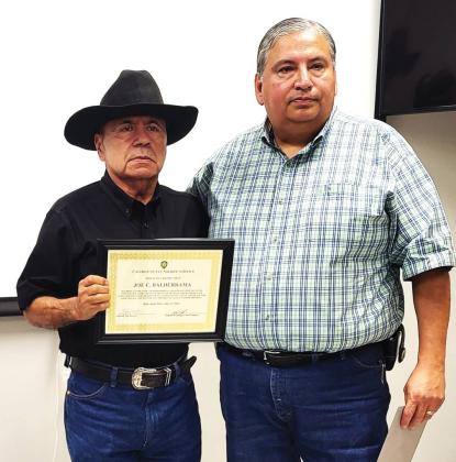 Castro County Sheriff’s Office Sgt. Joe Balderrama shown with Sheriff Sal Rivera, retired from duty on June 13 after 32 years in law enforcement, including over 13 years in Castro County.