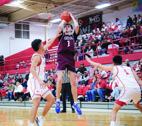 The Hereford Lady Whitefaces moved to 5-1 in district play topping Perryton Tuesday 55-38. Above, Jazzlyn Acosta (24) takes a shot for Hereford. Tristen Smith (1) and Brix Machen (12) played for the Herd who fell to the Rangers 53-50. The Herd is 1-3 in district play. (Courtesy photos)