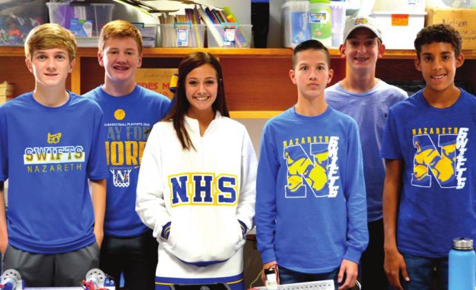 Nazareth Rookie Robotics Team: Iziah Guerrero, Creed Hochstein, Jett Ramaekers, Alison Sanders (Captain), Simon Snead and Tanner Wethington (Captain)