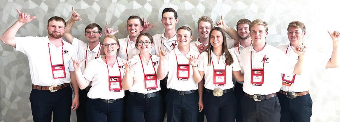 Members of the two WTAMU national champion and reserve champion squads of the West Texas A&amp;amp;M University Meat Science Quiz Bowl team are (front, left to right) Megan Eckhardt, coach; Jozie Petit; Spencer Walahoski; Helene Keiser; and Clayton Stevenson, (back, left to right)Zane Platter, coach; Cole Petit; Daniel Raab; Ryan Heitschmidt; Cole Verret; Jacob McMillan; and Kade Lawrence.
