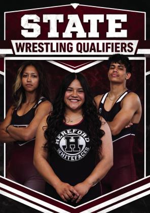 Three Hereford Wrestlers are heading to state. Hereford State Qualifiers include: Qalatre Garcia-First Place Val Porter-Second Place Janielle Hill-Fourth Place The Wrestlers will compete in Houston at the State Meet on Feb. 13-14 Go Herd!