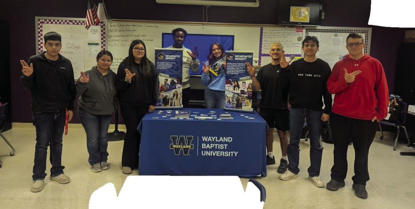 Four colleges or universities whose representatives have recently visited the seniors in the College and Career class at Dimmitt High School are South Plains College (SPC) from Levelland, West Texas A&amp;amp;M University (WTAMU), Lincoln Tech and Wayland Baptist. Left to Right-Jovon Hinijosa, Alina Castillo, Sabrina Esquivel, (Wayland Baptist) Representative Tre Hinds, Ximena Tarrazes, Isiah Sifuentez, Irvin Alarcon, and Nathaniel Ponder.