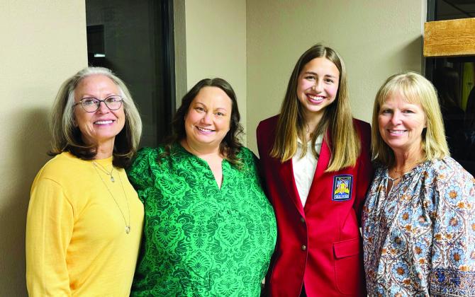 La Madre Mia held their February 26 meeting at Cafe Yahweh at FBC. Pictured are hostesses and program presenters: (left to right) Renee Zinser, Becca Artho, Macy Betzen and Mary Ann O’Rear. Photo By Angela Blackmon