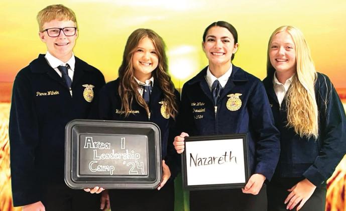 Nazareth Ag teacher Austin Heck with Naz FFA students Pierce Wilhelm, Harper Johnson, Gracie White, Alishia Osterkamp, Izzy and Gabby Heck at the Area 1 Leadership Camp held at Clarendon College.