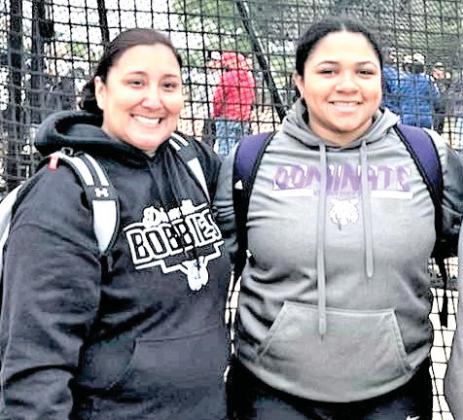 UIL 3A Region 1 - DHS Na’Khiyah Porras , shown with Coach Ruby Romero, placed fifth in shot put with a distance of 38-05.75.