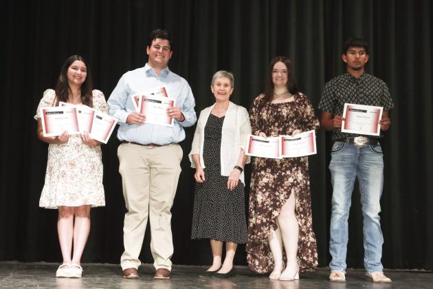 Gwyn Ann Shannon presented the Swisher Memorial Healthcare System Scholarship - Brianna Evans, Luke Moore, Avary Wesley, and Logan Becerra, Swisher Memorial Hospital District Scholarship - Brianna Evans, Luke Moore and Avary Wesley, Swisher Memorial Foundation Scholarship - Brianna Evans