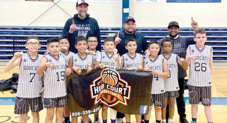 Junior Bobcats: (back row) Coaches Jason Hamlin, Luis Cruz and Abel Espinoza. (left to right, front) Luis Quintana, Ramiro Quintana, Xabier Espinosa, Gabriel Cortez, Preston Espinoza, Giovanny Herrera, Aaron Godinez, Micah Thomas and Benjamin Hamlin. The Junior Bobcats were among three Dimmitt Bobcats teams who won the HUB COURT Basketball Tourney championship in Lubbock and at Roosevelt. All three teams will be playing at the Texas Boys Championship Tourney in Hereford, Texas this coming weekend.