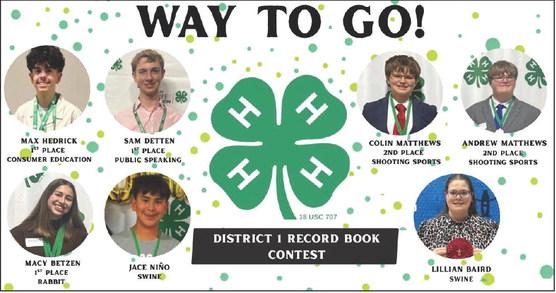 Several Deaf Smith County 4-Hers took firsts in District 1 4-H Record Book competition recently. Max Hedrick – 1st Place, Consumer Education; Sam Detten was first in Public Speaking and Macy Betzen had the first place Rabbit record book; Colin Matthews – and Andrew Matthews took second place in Shooting Sports. Lillian Baird and Jace Niño competed in Swine record books. Macy Betzen won the drawing to receive a $500 Senior Record Book Scholarship sponsored by the District 1 4-H Friends and Alumni.