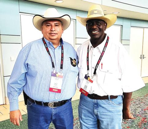 More than 180 Texas sheriffs attended the 146th SAT Training Conference in Ft. Worth including (above, left to right)Crosby County Sheriff Ethan Villanueva, Cochran County Sheriff Jorge Delacruz, Willacy County Sheriff Jose Salazar and Castro County Sheriff Sal Rivera. At right, Castro County Sheriff Sal Rivera and Martin County Sheriff Jack Martin at the SAT Training Conference in Ft. Worth.