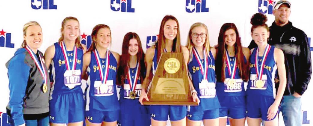 Nazareth Swiftettes – 2020 Texas State Cross Country Champions. Team members: Emma Kleman, Kyanne Dunn, Presley Wheeler, Chloe Birkenfeld, Riley Ramaekers, Bliss Betzen and Clementine Myrick. Coaches Eric Schilling and Whitney Bryan.
