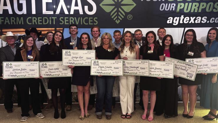 Front row, from left: Reggie Underwood (AgTexas Chairman of the Board), Addison Butler, Gracie White, Addilyn Reed, Payton Schuster, Kinley Shieldknight, Brandis Beavers, Brynnley Ensey, Cambryn Gratz, and Kayla Robinson, AgTexas CEO; (back row, from left) Hugh Britten, Ethan Spinhirne, Rett Wann, Jackson Sinclair, Samuel Weineimer, Johan Grotegut and Josef Grotegut.