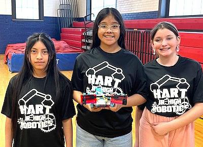 Hart Middle School Robotics Team 1 competed at the GEARS meet at Sam Houston Middle School and placed 5th out of 31 teams. Team members include Maria Gomez, Evelyn Morente and Ellianhan Chambers.