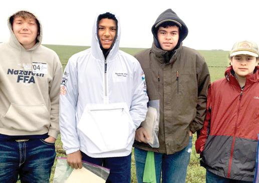 Nazareth FFA Homesite competed at the Area contest despite rain and wind and placed third out of 11 teams and qualified to compete at state. Team members include Max Snead, fifth place, Harrison Meador, 17th place, Oliver Meador, 20th place, and Caysen High.