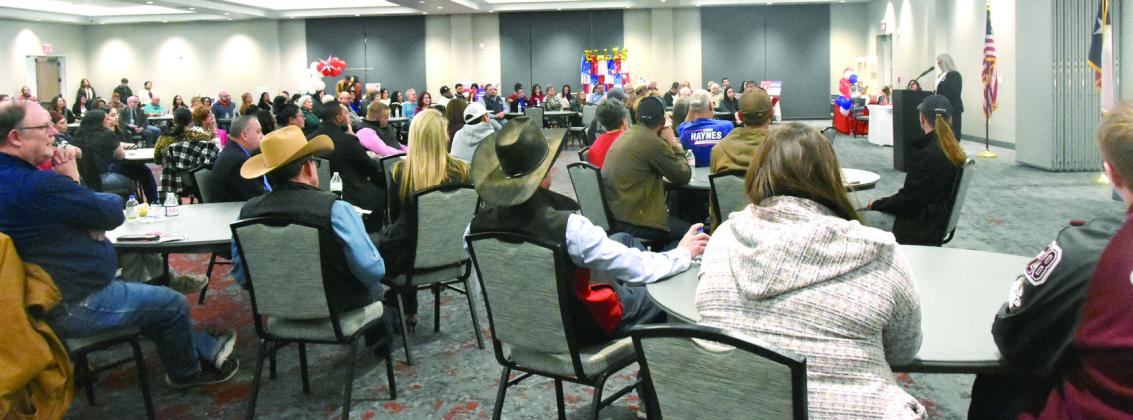 ERIN BAIRD--Candidate for 222nd District Judge speaks to an attentive crowd. (Photo by Jim Steiert)