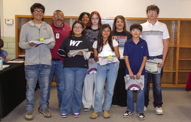 Tulia Junior High Recognitions Back Row: Mr. Robert Vasquez, Mrs. Perdenia Grantham, Natalee Hess, Ana Rosales, and Jaydien Lamborn; Front Row: Miguel Ceballos, Irma Alanis, Gloria Martinez, and Noah Dominguez