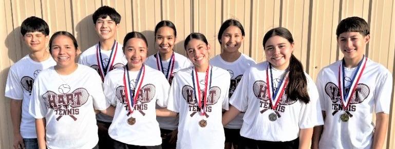 The Hart Junior High tennis team competed at the District 4-1A meet. Dael Longoria and Elizabeth Carrasco placed 3rd in mixed doubles. In girls’ doubles, Yalexii Cisneros and Mia Longoria placed 3rd, and Sadie Carrasco and Camila Perez placed 4th. Savannah Corrales placed 2nd in girl’s singles, and Avram Morales is the boy’s singles champion.