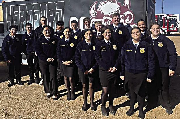 SCORING AT DISTRICT--Three Hereford FFA teams are bound for Area after success in recent District Leadership Development events at Littlefield. Some of the competitors gathered for a group picture in recognition of the achievements that included District Champion Greenhand Spanish Creed Speaking, District Champion Senior Quiz Team, and High Individual in Senior Quiz Team.