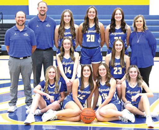 2024-25 Nazareth Swiftettes Basketball - (front, left to right) Jolee Pigg, Addie Schulte, Madison Brockman, Kelsie Gunter, (center row) Kambri Cleavinger and Taylor Wethington(back row) Coach Nathan Branum, Coach Eric Schilling, Lexi Ramaekers, Emerson Moore, Brooklyn Birkenfeld, Coach Whitney Bryan