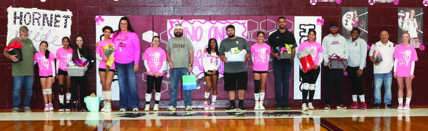Tulia Varsity Volleyball girls observed Teacher Appreciation Day at the last home game of the season. Teachers recognized were Michael Orr, Shenae Montgomery, Kalee Carter, Clay McGraw, Spencer Dutcher, Crocker Gillmore, Koby Washington, Adam Rosales, and Fred Jordan (not pictured).