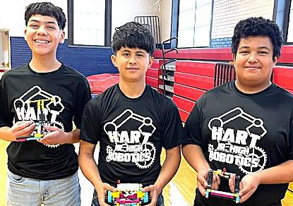 Hart Middle School Robotics Team 3 competed at the GEARS meet at Sam Houston Middle School and placed 10th out of 31 teams. Team members include Dael Longoria, Adrian Godoy and Hector Perez.