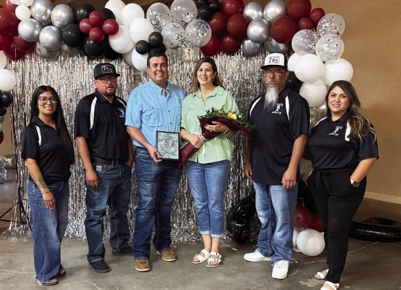 Booster Club presented Hornet Heart Award to Josh and Christina Moore. Alisha Del Toro, Zeke Trevino, Josh Moore, Christina Moore, Carlos Becerra, April Trevino