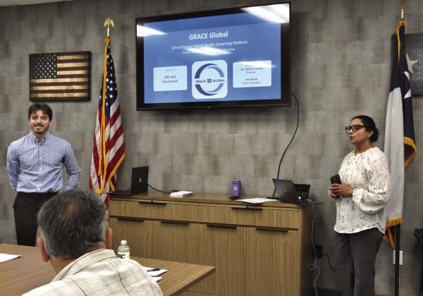 PITCHING FOR SEED MONEY--Dr. Lekha George, MD, right, and Leo Garcia, third year medical student with the Texas Tech Health Sciences Center proposed a community health and workforce development initiative and requested startup money from the Hereford Economic Development Corporation by May 2. The HEDC board tabled the matter until it can consult with other local bodies. (Photo by Jim Steiert)