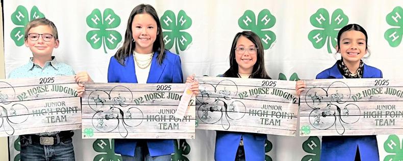 The Castro County Junior Horse Judging team competed at the District 2 contest and placed 1st. Team members include Wyatt Schulte, Zaybri Rivera (4th), McKenna Fabela and Delayza Garcia.
