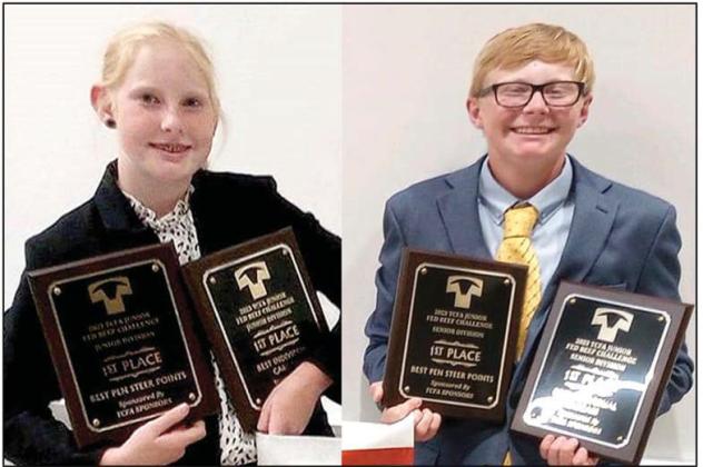 Nazareth FFA members Kennedy and Pierce Wilhelm competed in the Texas Cattle Feeders Association Junior Fed Beef Challenge on July 28 and picked up four first places in their events and divisions. The contest was held at WTAMU Paul Engler College of Agriculture and Natural Sciences. he objective of the Junior Fed Beef Challenge is to encourage young people to gain practical experience in feeding commercial beef cattle. This program stresses the importance of proper animal husbandry and financial management.