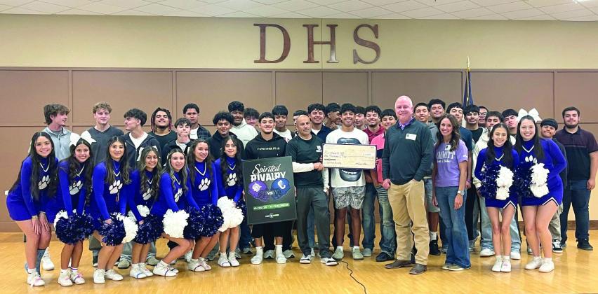 First United Bank donated $1,000 Thursday afternoon to Dimmitt High School as part of its Spirited Rivalry Campaign. Making the donation on behalf of First United Bank was Dimmitt Branch President Codi Cleavinger and Dimmit First United Bank Vice President Shelly Bills. (BRAND photo/Jeff Blackmon)