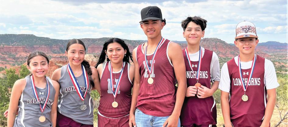 Hart Cross Country JH and HS Individual Medalists at the Valley Cross Country meet at Caprock Canyon – (left to right) Avilen Morales, JH girls 7th place; Lexi Cisneros, JH girls 2nd place; America Cardoza, Varsity girls 5th place; Aiden Cisneros, Varsity boys 9th place; Dael Longoria, JH boys 6th place; and Avram Morales, JH boys 1st place.