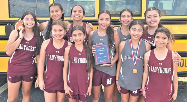 Hart Cross Country Junior High Girls Team -at the Valley Cross Country Meet at Caprock Canyon. 1st place team - (front row, left to right) Kyli Hernandez, Ellie Longoria, Lexi Cisneros, Avilen Morales, Selena Garcia, (back row) Janeth Morales, Sadie Carrasco, Camila Perez, MIa Longoria and Savannah Corrales.