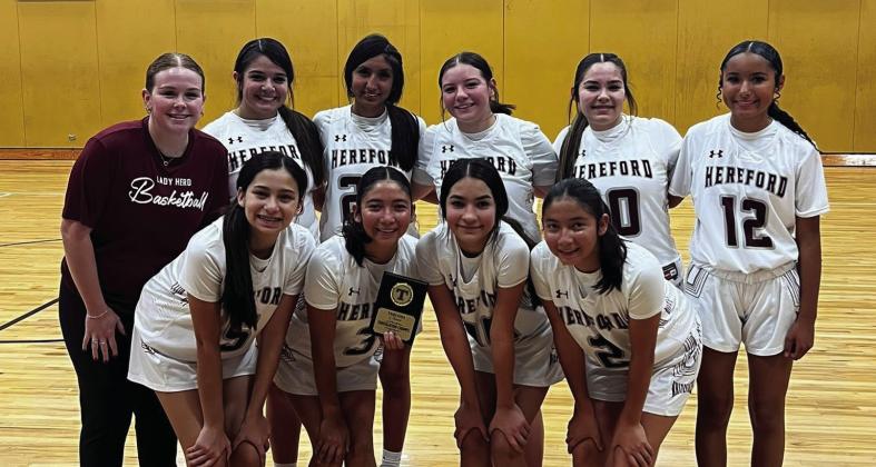 Hereford’s Lady Whiteface JV Maroon snagged second place and JV White took 3rd at the Dimmitt Tournament. Left, the Hereford JV White defeated Frenship in a tournament earlier this season for the consolation championship.