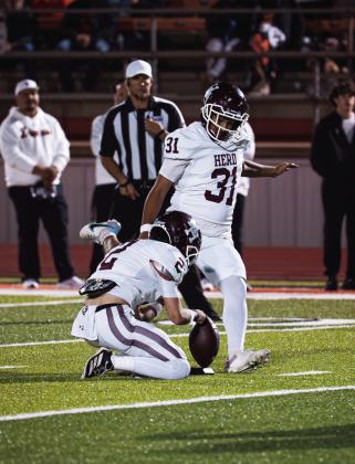 Pedro Garcia attempts a kick for Hereford during the 2025 football season. (Courtesy photo)