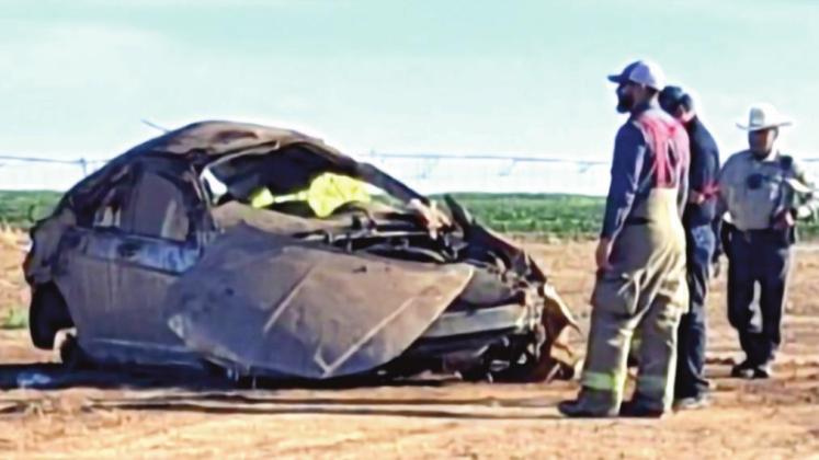 Wreckage resulting from a car crash on Monday morning that took the life of a Hart resident.