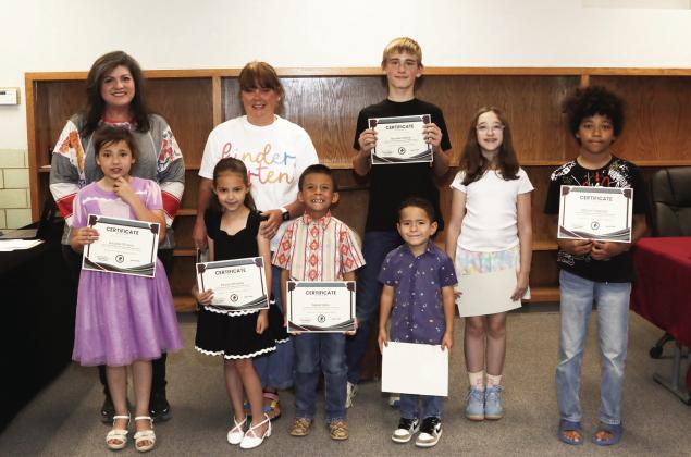 Tulia Elementary School Recognitions Ms. Dawn Shelton, Ms. Tracy Hawkins, Braxton Moore, Jeasabel Moreno, Peyton Whiteley, Yariel Lara, Ethan Garza, Isadora Gatlin, and Mason Haynes.