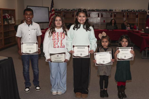 Tulia Elementary School Recognitions – 5th Grade – Daquan Smith, Sophia Bentley – 4th Grade, Danielle Martinez – 3rd Grade, Ivana Contreras – Pre-K, Leilani Chavez – Kindergarten.
