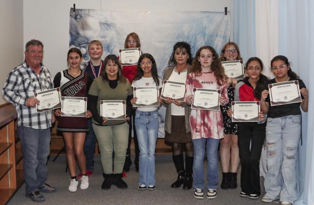 Tulia Junior High Recognitions – Mr. Harrett, Catherine Moore, CJ Acker, Dora Mendez, Eleanor McCaslin, Cristal Mandujano, Lidia Simmons, Elise Parker, Jordan Mott, Yarlele Perez-Reyes, and Andrea Martinez