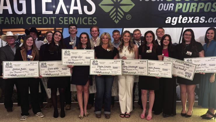 Front row, from left: Reggie Underwood (AgTexas Chairman of the Board), Addison Butler, Gracie White, Addilyn Reed, Payton Schuster, Kinley Shieldknight, Brandis Beavers, Brynnley Ensey, Cambryn Gratz, and Kayla Robinson, AgTexas CEO; (back row, from left) Hugh Britten, Ethan Spinhirne, Rett Wann, Jackson Sinclair, Samuel Weineimer, Johan Grotegut and Josef Grotegut.