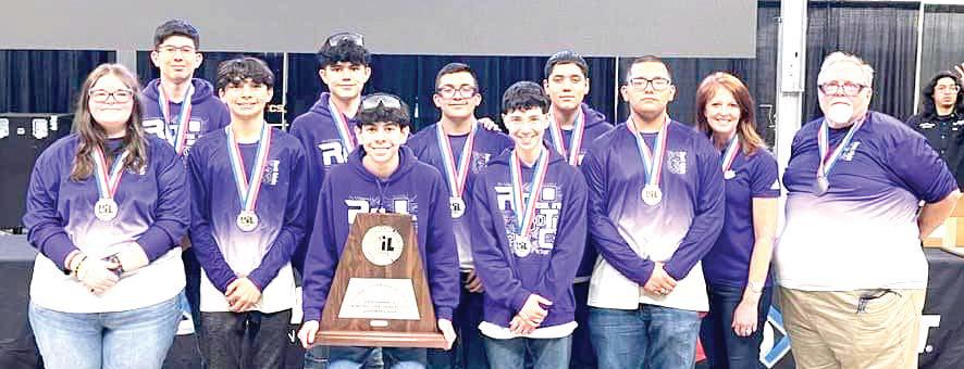 DHS Team #12398: Faith Bell, Keenan Hernandez, Joel Grado, Daniel Duenes, Eric Duenas, Pablo Perez, Juan Cruz and Jasiah Tavarez with DHS Superintendent Jill Millican and DHS Robotics Coach Don Bell.