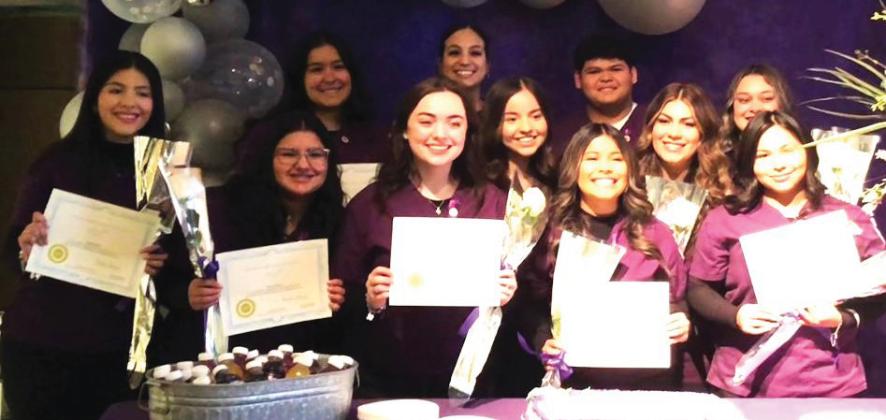 Dimmitt High School students receiving certification in Patient Care Technician (PCT): (front row) Kennia Silva, Maria Bernal Cano, Kaylie Furr, Melanie Esqueda, Eveni Lopez, Carla Medina, Krystal Barrios,(back row) Jocelyn Jimenez De La Ree, Kriselle Ramirez, Martin Rodriguez, Paula Morales