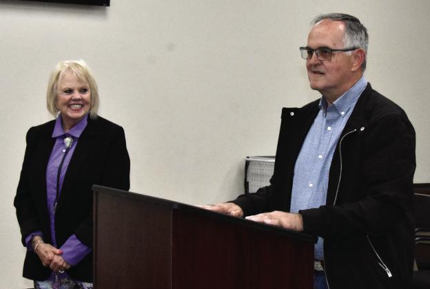 HE'D MAKE A GOOD ONE--At the April 20 City Commission meeting, Interim Municipal Court Judge Cindy Simons presented Kirk Spain as a potential Municipal Court Judge candidate, explaining that he had previously worked in Adult Probation for 21 years, also served as a patrol officer with the Hereford Police department for over five years, and served as a volunteer firefighter for 16 years. (Photo by Jim Steiert)
