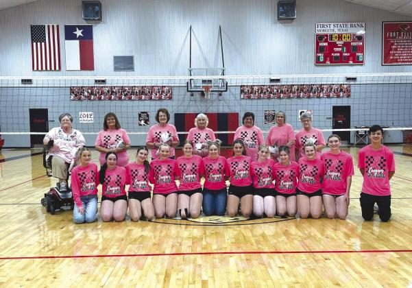 Fort Elliott was privileged to recognize community breast cancer survivors between volleyball games. Back row (Survivors): Teresa Rose, Donna Pigg, Charlene Heronama, Saretta Heard, Mandy Brown, Mindy Duncan, and Gina Seitz. Front Row: Slayde Rose, Tatum Pigg, Rylee Rose, Jaylie Dickey, Aliyah McCarter, Jaycee Sewell, Ali Mahler, Brylie Hand, McCauley Jernigan, Kennedee Sullivan, Jayla Dickey, Tazlan Brown (Courtesy Photo)