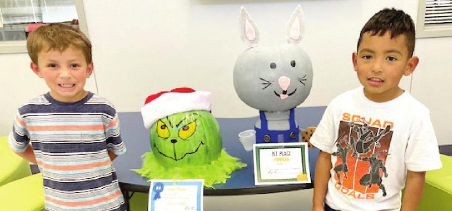 (Photo Left) RES Pumpkin Contest Winners - Kindergarten: Sebastian Valles, 1st place; Jac Coleman, 2nd place.