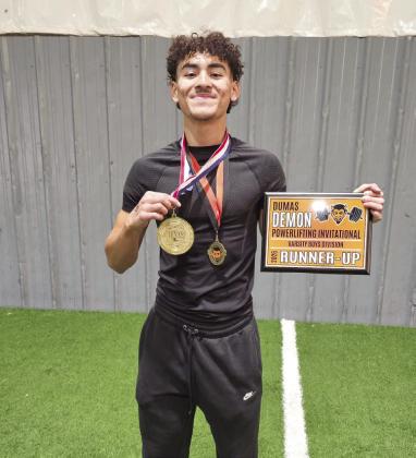 Dimmitt Powerlifting competed at the Dumas Meet this past weekend. In total, the girls &amp;amp; boys combined came home with seven Medals. The boys squad placed 2nd overall as a team. Marco Silva- 3rd Dallas Starkey - 1st Isaiah Flores - 1st Gustavo Lopez- 3rd Angel Fuentes - 3rd Lily Rodriguez - 3rd Cj Sepeda - 3rd Isaiah Flores (right) received the Outstanding Lifter Award.