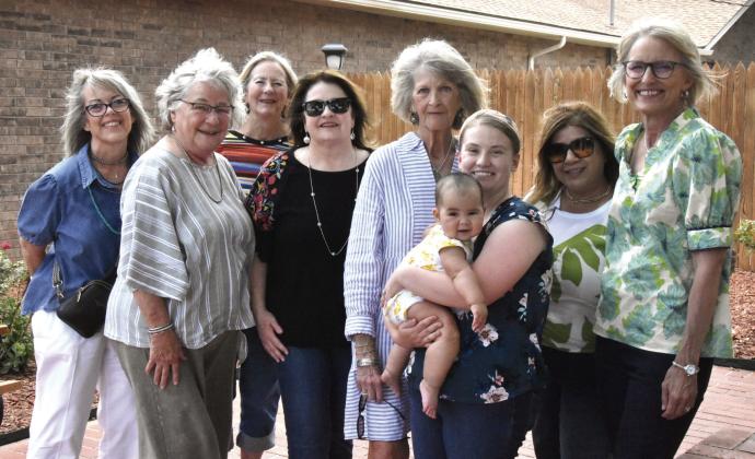 CURRENT HISTORICAL SOCIETY MEMBERS--Members of the Deaf Smith County Historical Society on hand to honor the efforts of the late Lois Gililland and the support of the Deaf Smithsonian on the part of B.J. and Linda Gililland pictured from left include Cori Watts, Betty Kriegshauser, Cheryl Betzen, Kim Bigham, Susan Hicks, Sara Perez and Saphira, Assistant Museum Director Pearl Salinas, and Emily Knight. (Photo by Jim Steiert)