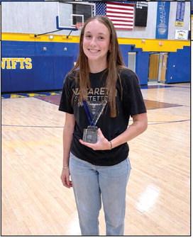 Nazareth’s Madison Brockman was presented her award for being named the 1A Greater Texas Ford Dealers Female Athlete of the Month for February. She was honored for the role she played in leading the Swiftettes to their 27th State Championship. Above, the team is pictured with Whiteface Ford ‘s Jon Galland
