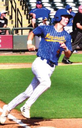 (Photo right) Naz runner and catcher Luke Schulte rounds the base in the final game at state