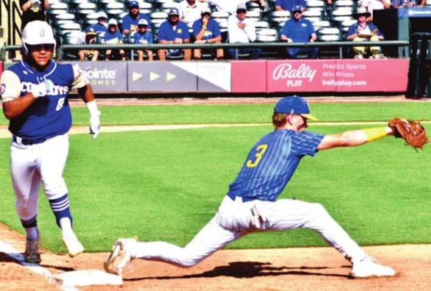 Naz first baseman Sterl Welp stretches to catch a ball during the championship game against the D’Hanis Cowboys.