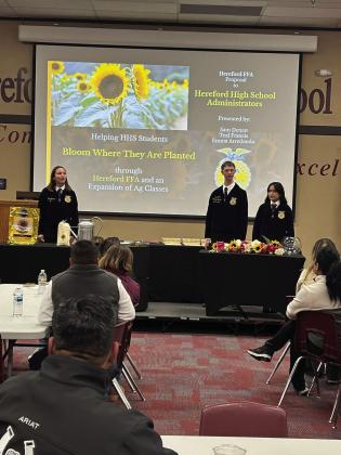 Hereford’s FFA Chapter had a busy December leading up to the Hereford Livestock Show scheduled for Jan. 16-19. The annual stockshow is one of the premier youth events in Hereford every year. In December Hereford FFA Wool Judging Team members attended workshops at Texas Tech and Angelo State University (pictured at top). FFA members who advanced to Area LDE Contests were recognized by the Hereford ISD School Board and our PR Team and Jr. Spanish Creed Speaker gave presentations (above).
