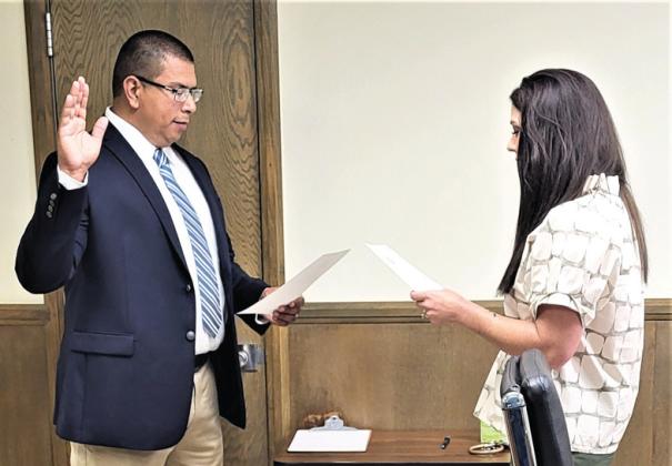 Michael Pantoja, former Castro County Chief Deputy, was sworn in as county treasurer on Tuesday. Pantoja was appointed by the Commissioners Court to serve the remainder Elaine Flynt term of office after she announced she would be retiring. She was recently honored by colleagues, friends and county officials at a retirement party.